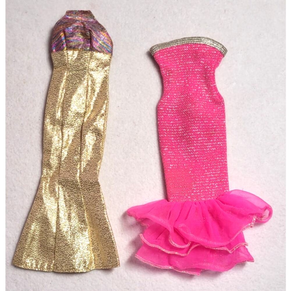 Barbie Mermaid Flare Ruffle Gowns 2 Pc Lot 90s Y2K Pink Gold Metallic 1:6 Scale